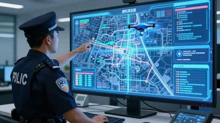 Police officer using technology for public safety.