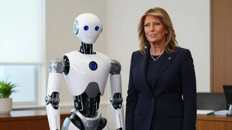 Melania Trump with a humanoid robot at the White House.