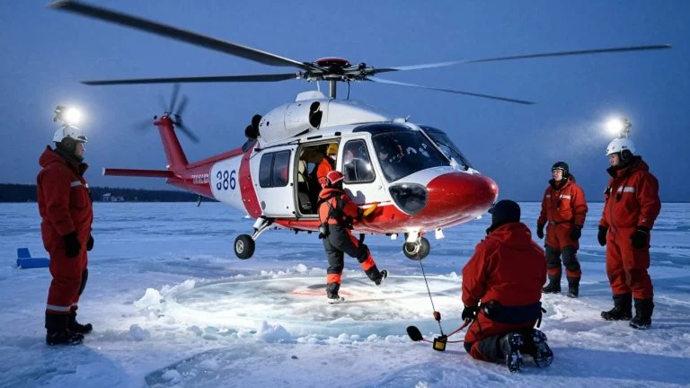 Helicopter rescues ice fishermen stranded on Lake Erie.