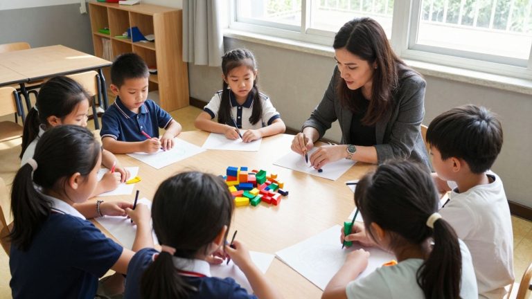 Students and teacher interacting in a classroom.
