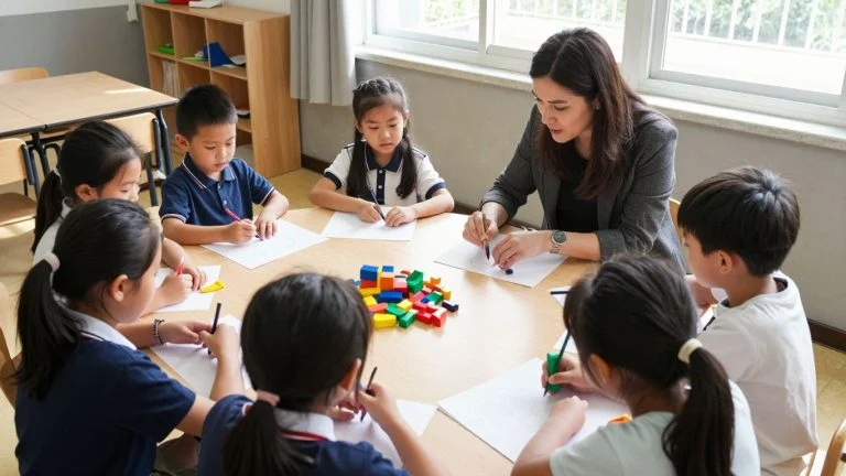 Students and teacher interacting in a classroom.