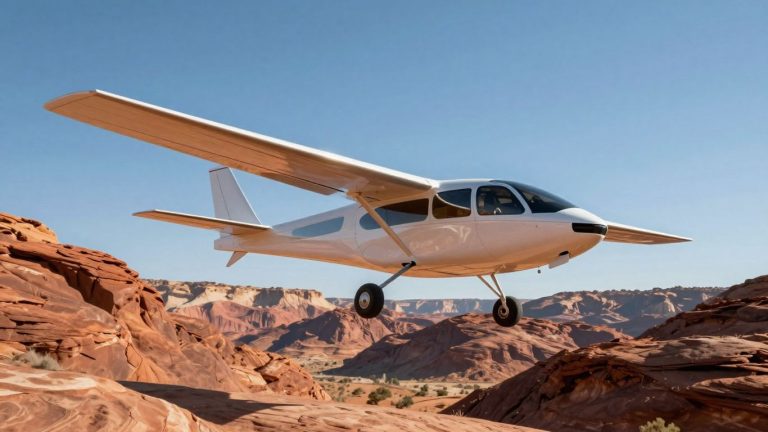 Electric aircraft flying over Utah canyons.