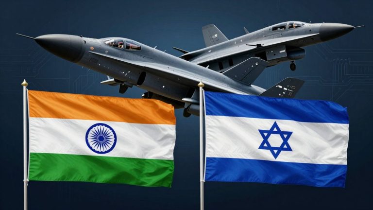 India and Israel flags with defense and tech imagery.