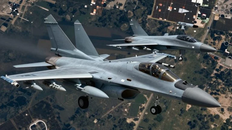 Russian jet and Iranian drone in formation with satellite map.
