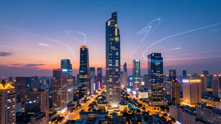 Futuristic cityscape with glowing digital streams at dusk.