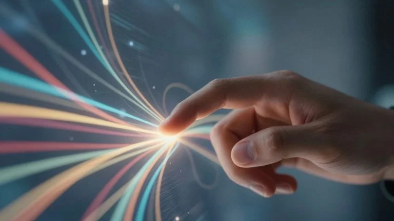 Human hand touching a glowing AI interface.