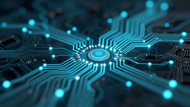 Abstract glowing circuits and interconnected nodes