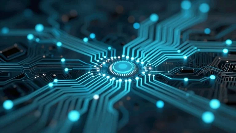 Abstract glowing circuits and interconnected nodes