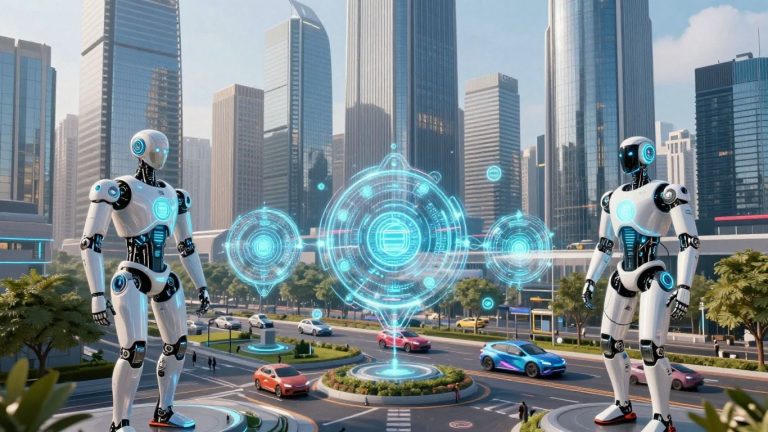 AI robots and blockchain in a futuristic city