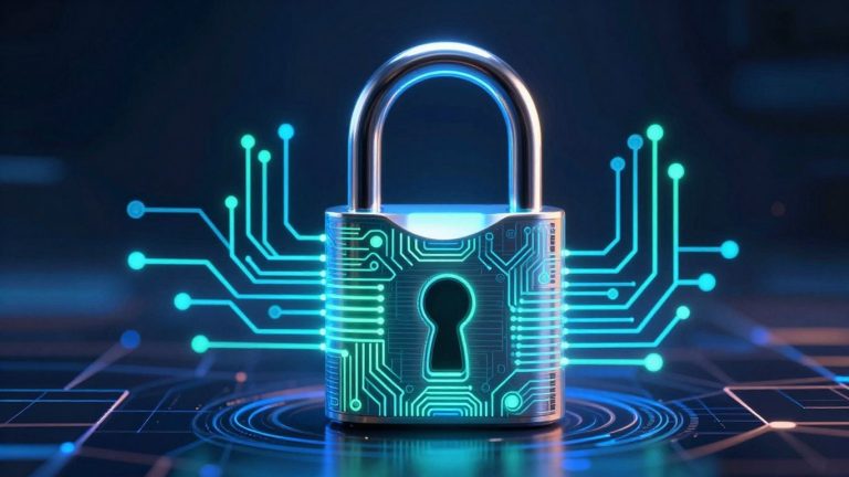 Digital padlock securing a blockchain network.