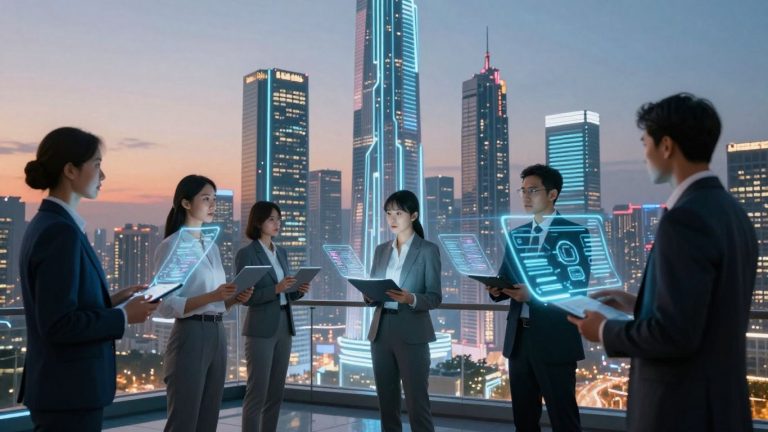 Futuristic cityscape with professionals using holographic technology.