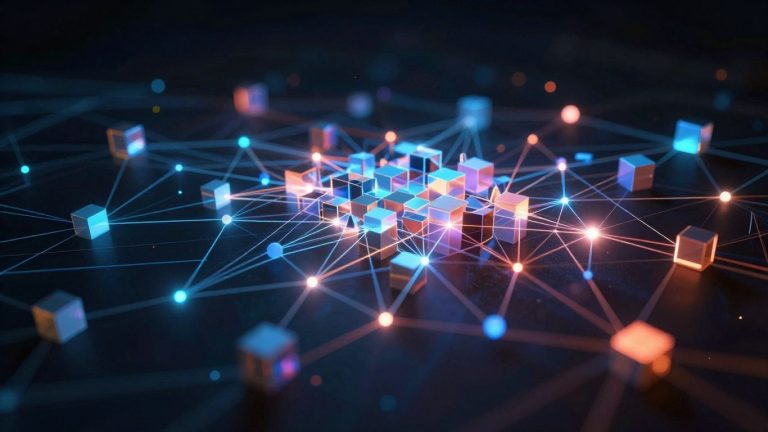 Interconnected digital blocks forming a glowing network.