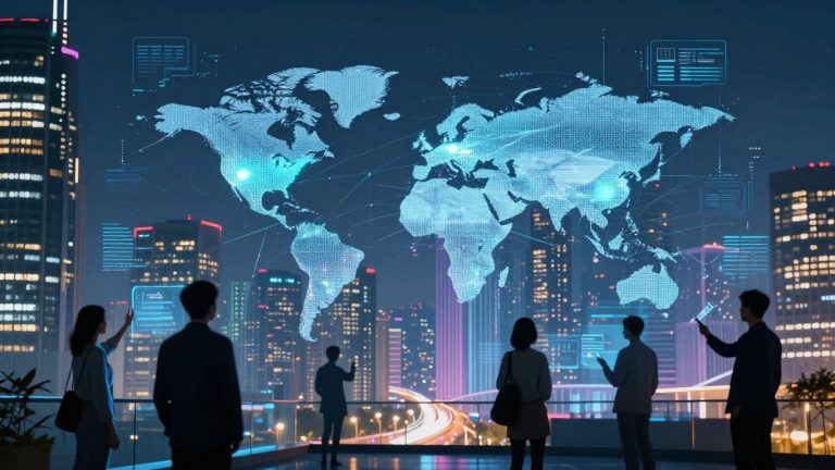 Futuristic cityscape with glowing data streams and holographic interfaces.