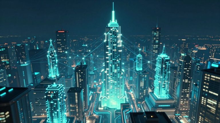 Futuristic cityscape with glowing blockchain nodes and digital pathways.