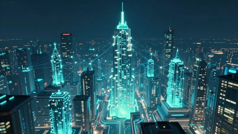 Futuristic cityscape with glowing blockchain nodes and digital pathways.