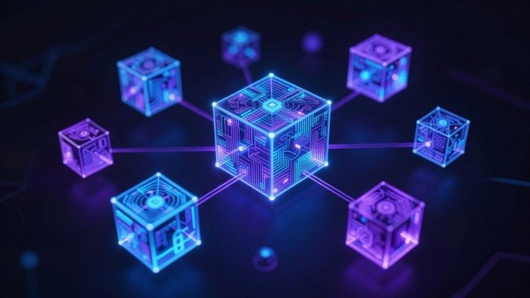 Interconnected digital blocks forming a blockchain network.