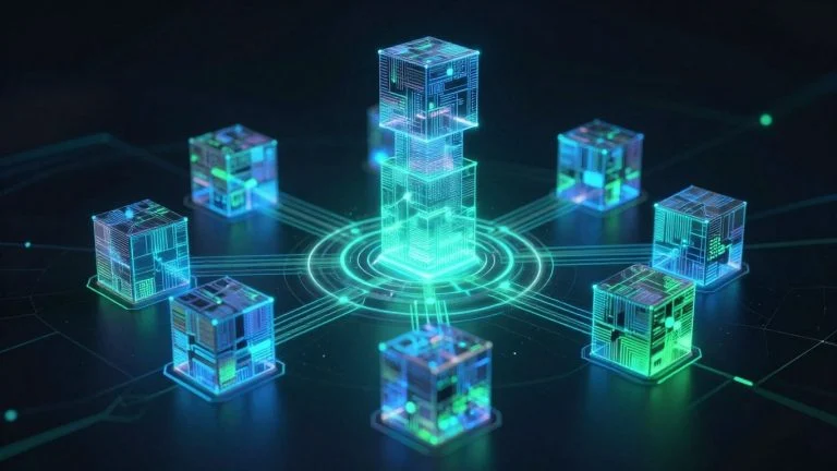 Blockchain network with interconnected digital blocks.