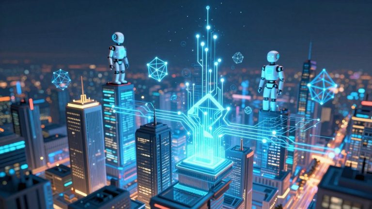 AI and blockchain merging in a futuristic cityscape.