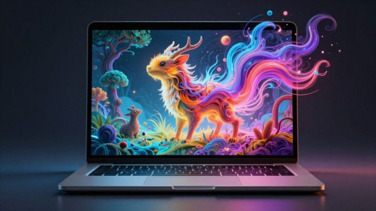 AI story generator creating fantastical scenes from a laptop.