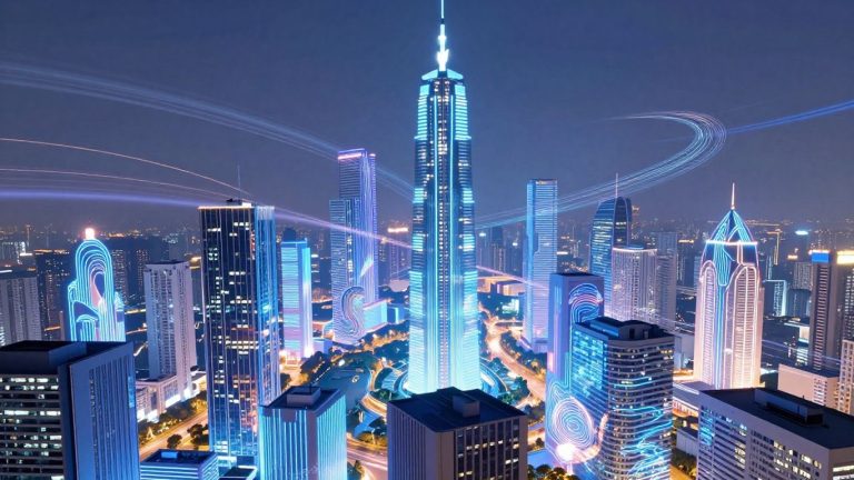 AI art integrated into futuristic cityscape