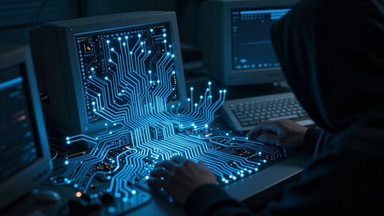 Mysterious hooded figure and vintage computer circuits