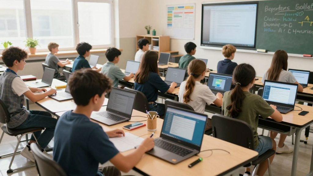 Students using technology in a modern classroom setting.