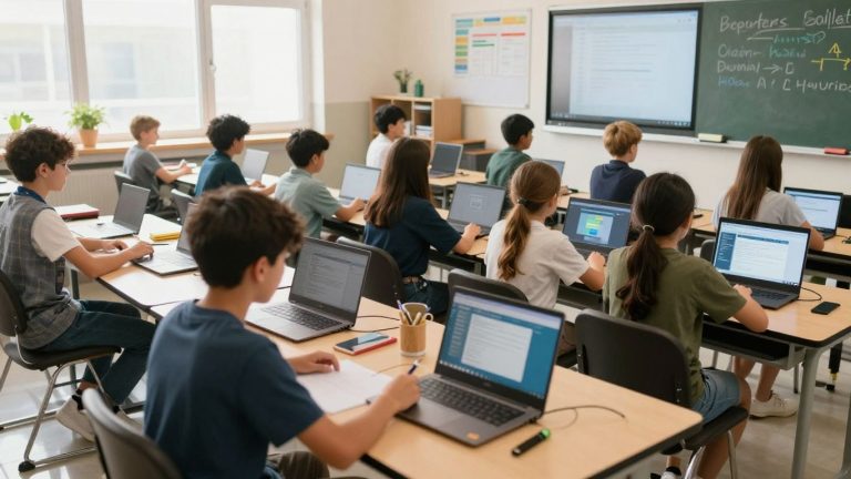 Students using technology in a modern classroom setting.