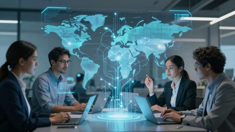 IT professionals interacting with a holographic data display.