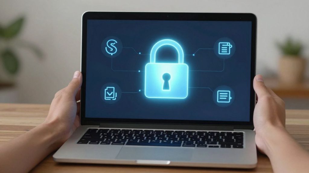 Laptop with digital wallet and security padlock.