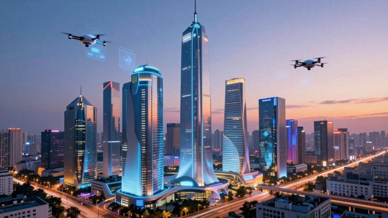 Futuristic cityscape with holographic interfaces and drones.