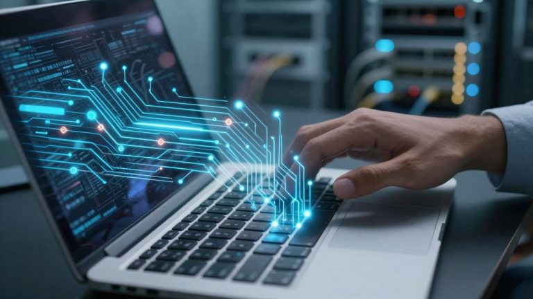 Hands typing on a laptop with digital data streams.