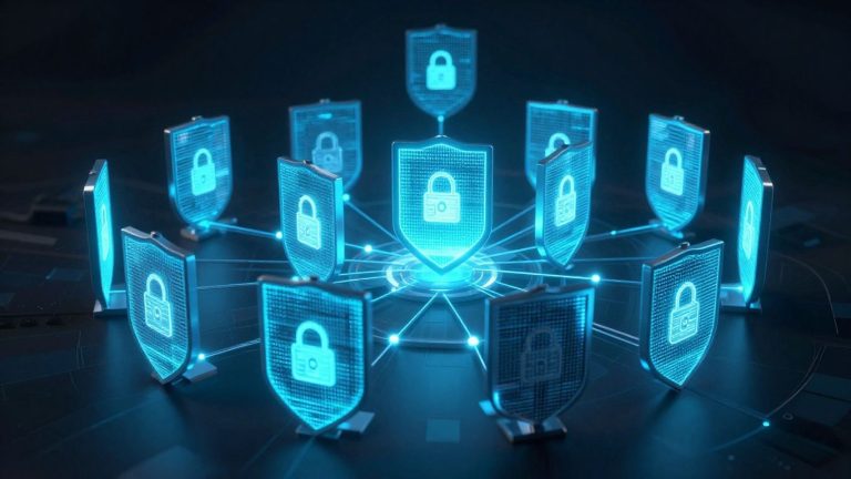 Blockchain securing a digital network against cyber threats.