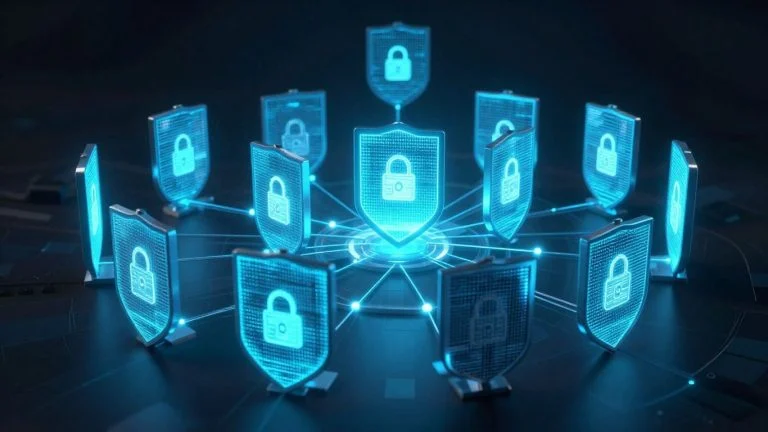 Blockchain securing a digital network against cyber threats.