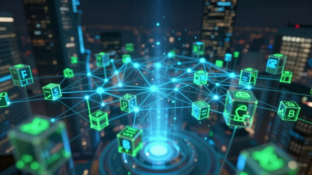 Blockchain network with glowing nodes and floating blocks.