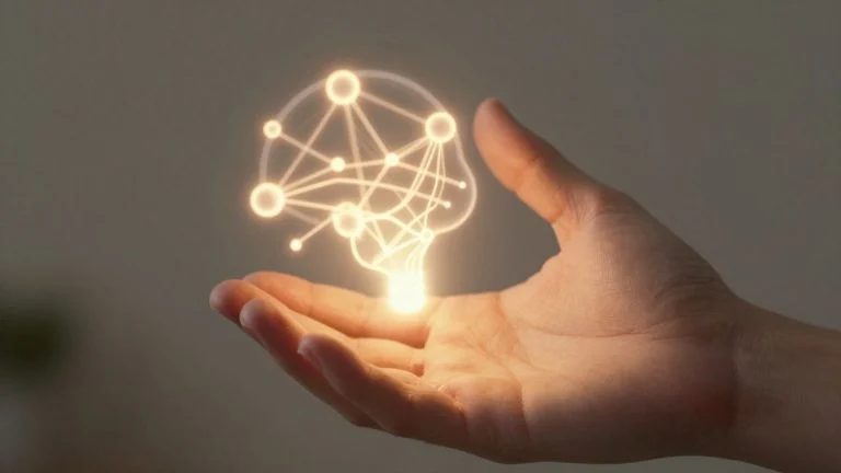Human hand interacting with glowing AI.