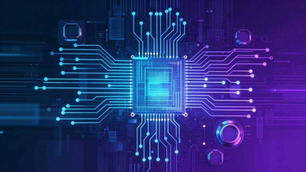 Futuristic technology collage with glowing circuits and digital patterns.