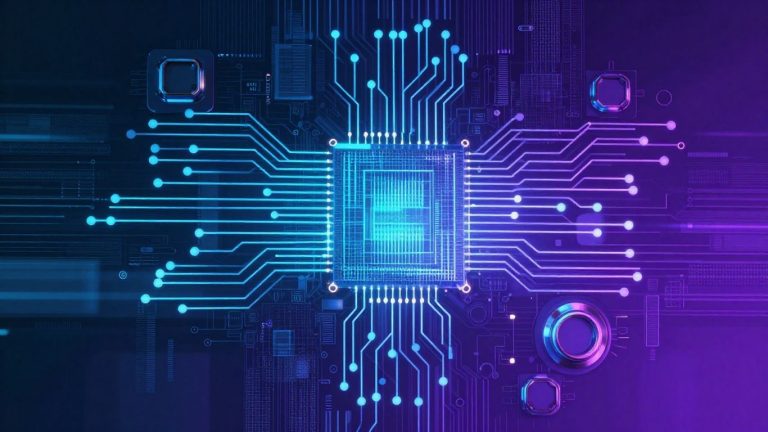 Futuristic technology collage with glowing circuits and digital patterns.