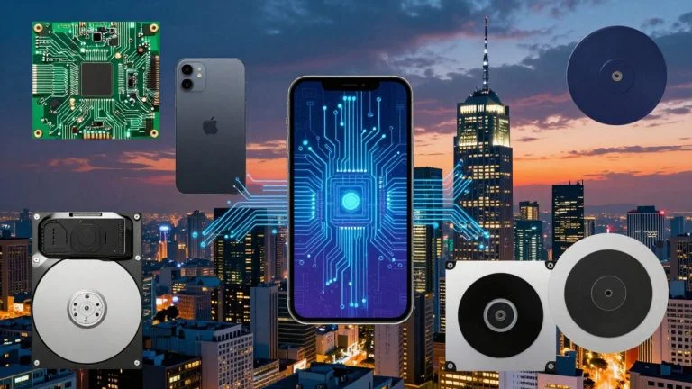 Collage of technology: circuit board, smartphone, hard drive, cityscape.