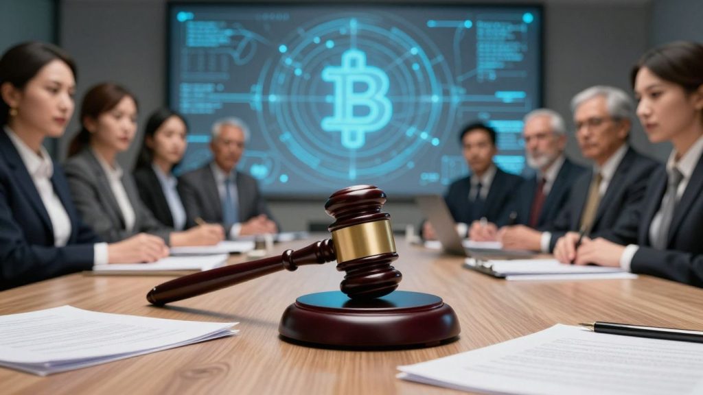 Blockchain attorneys in a modern courtroom.