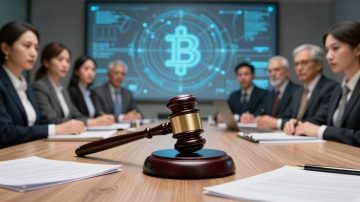 Blockchain attorneys in a modern courtroom.