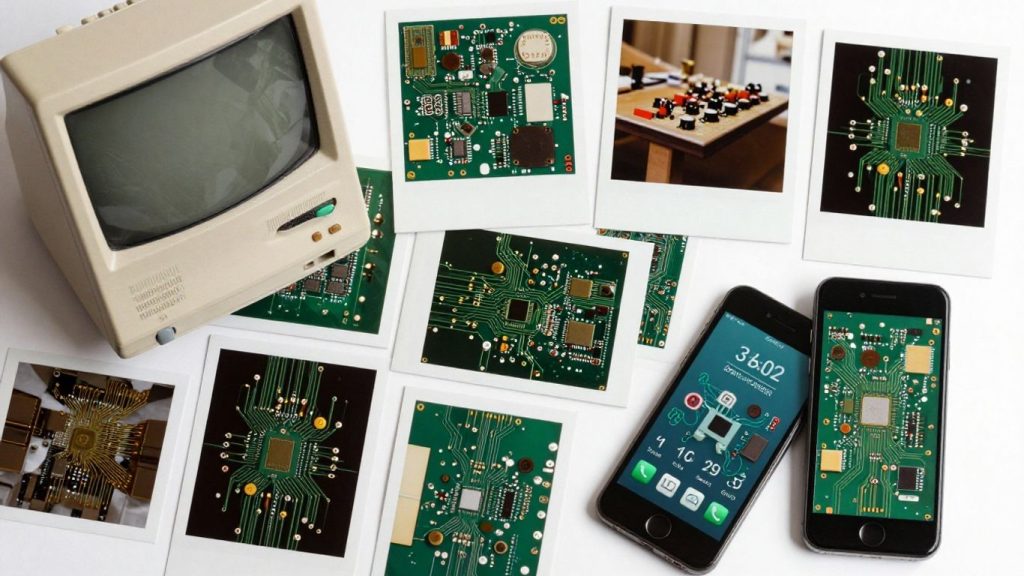 Diverse technological objects, from old computers to modern smartphones.