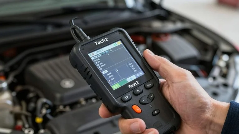 Tech2 scanner in a mechanic's hand