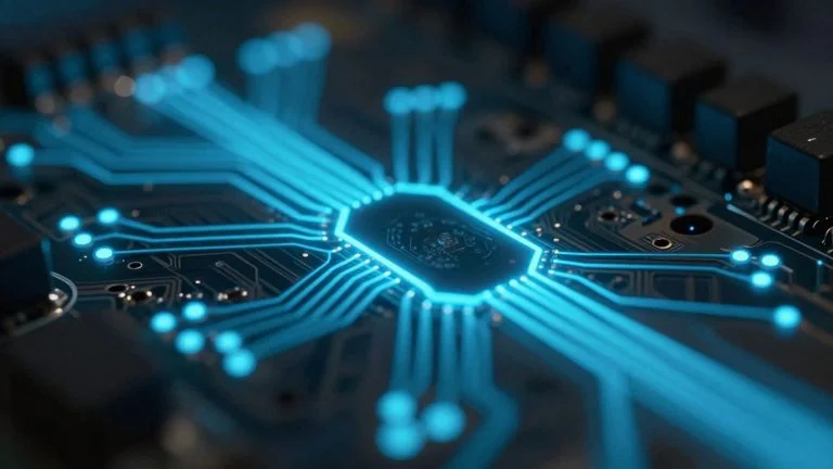 Digital circuit board with glowing blue data streams.