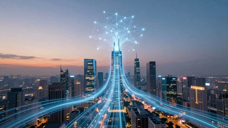 Futuristic cityscape with AI elements