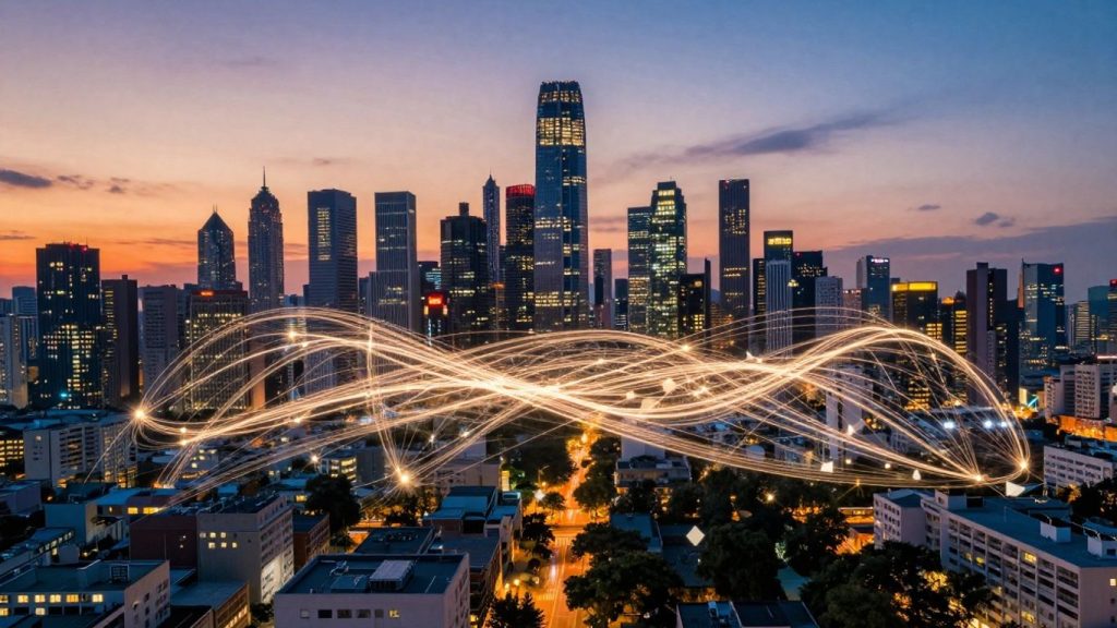 Cityscape with glowing digital lines and geometric shapes.