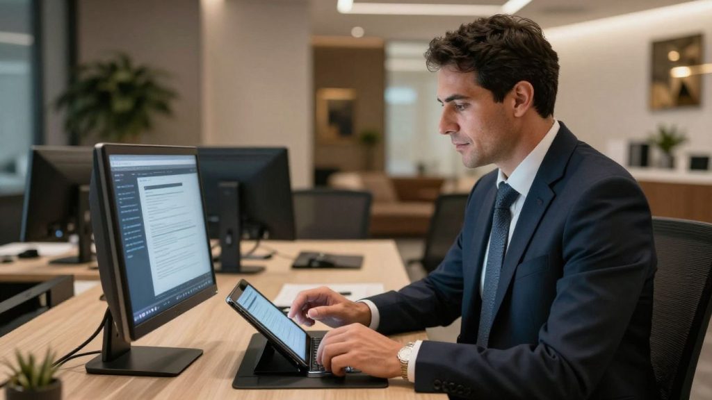 John Barrar using technology in a modern office setting.