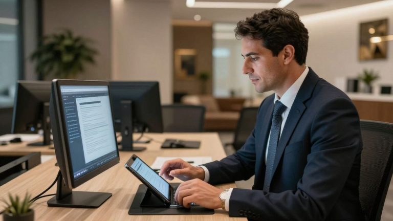 John Barrar using technology in a modern office setting.