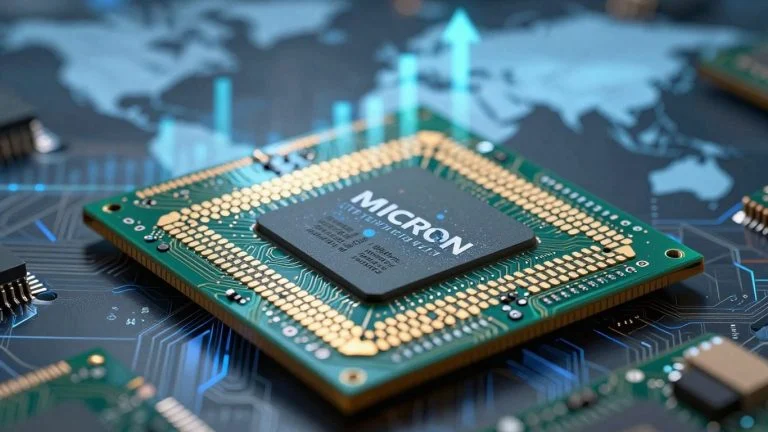Micron Technology chip with abstract demand and shortage elements.