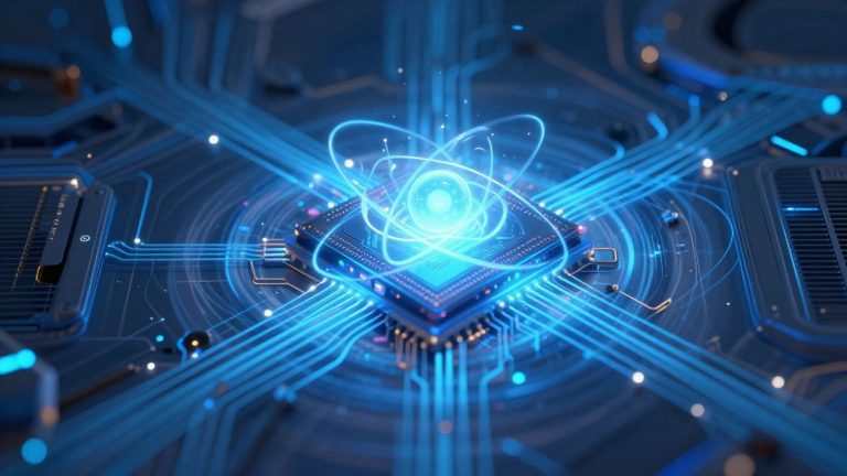 Quantum computer with glowing circuits and orbiting atom.