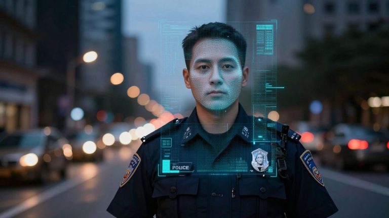 Police officer using facial recognition technology.